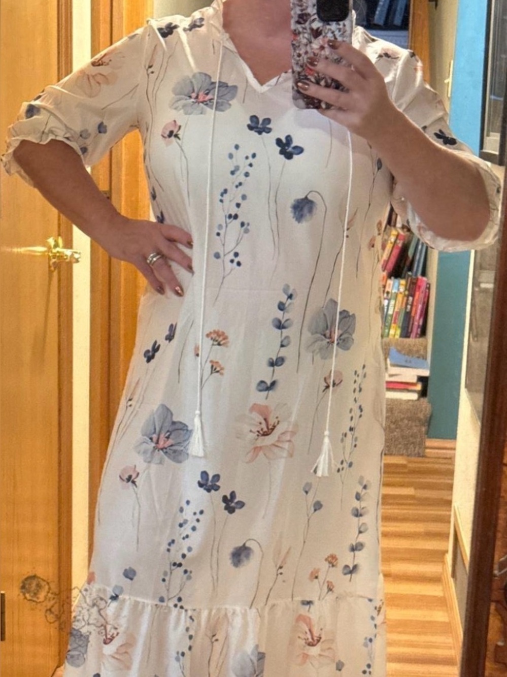 Women’s Cream Floral Tie-Front Midi Dress